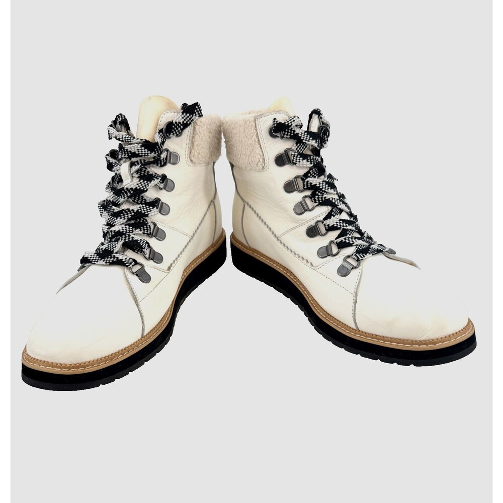 TOMS Womens 9 White leather Faux Fur Lace Up Ankle Boots Winter Hiking